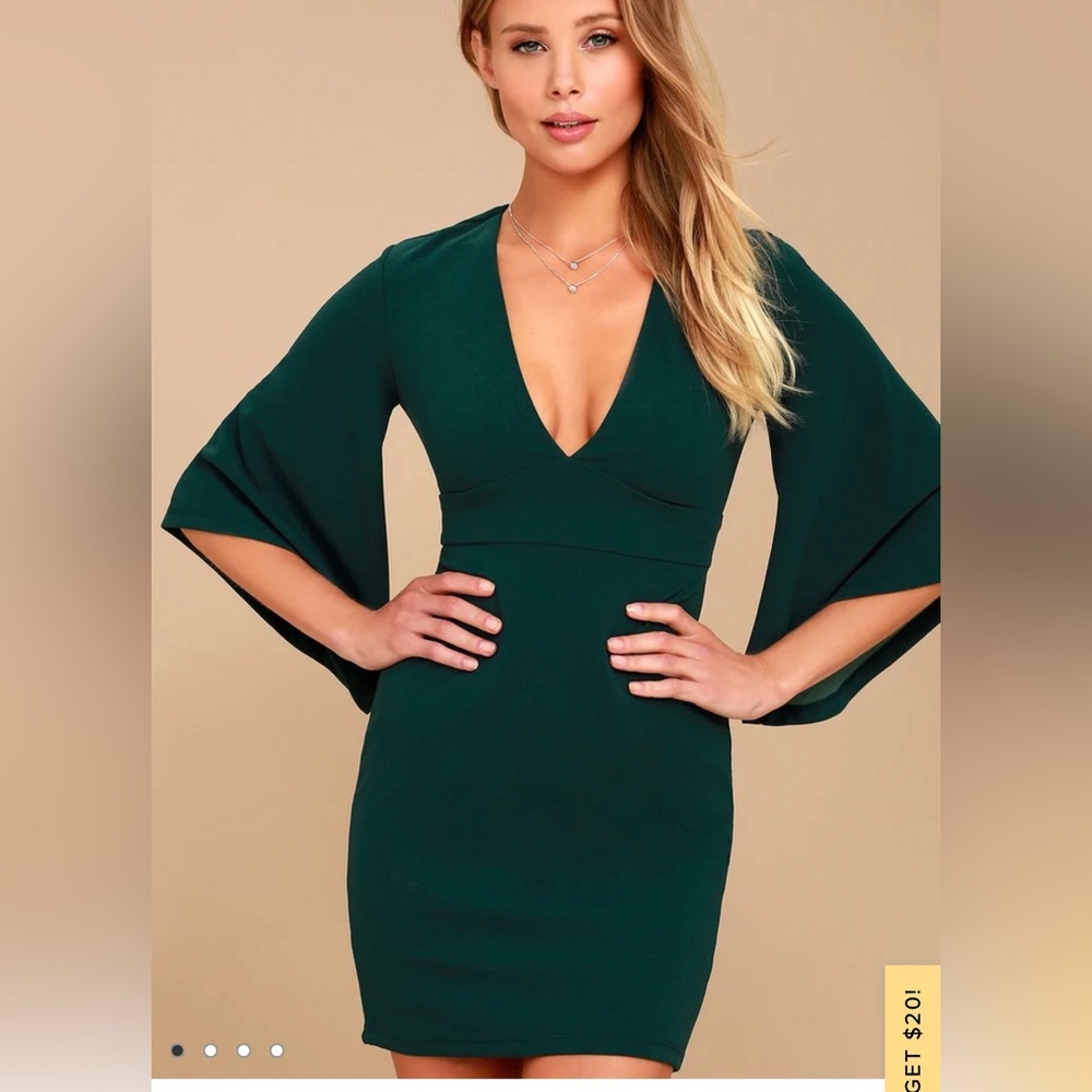Lulus Bell Sleeve Bodycon Dress - Forest Green Small, new with tags